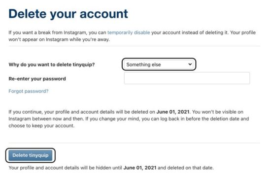 instagram delete account from list
